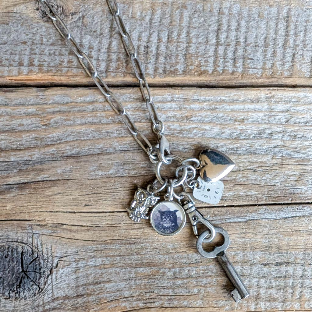Wisdom Keeper Necklace - Vintage Owl Image + Charms
