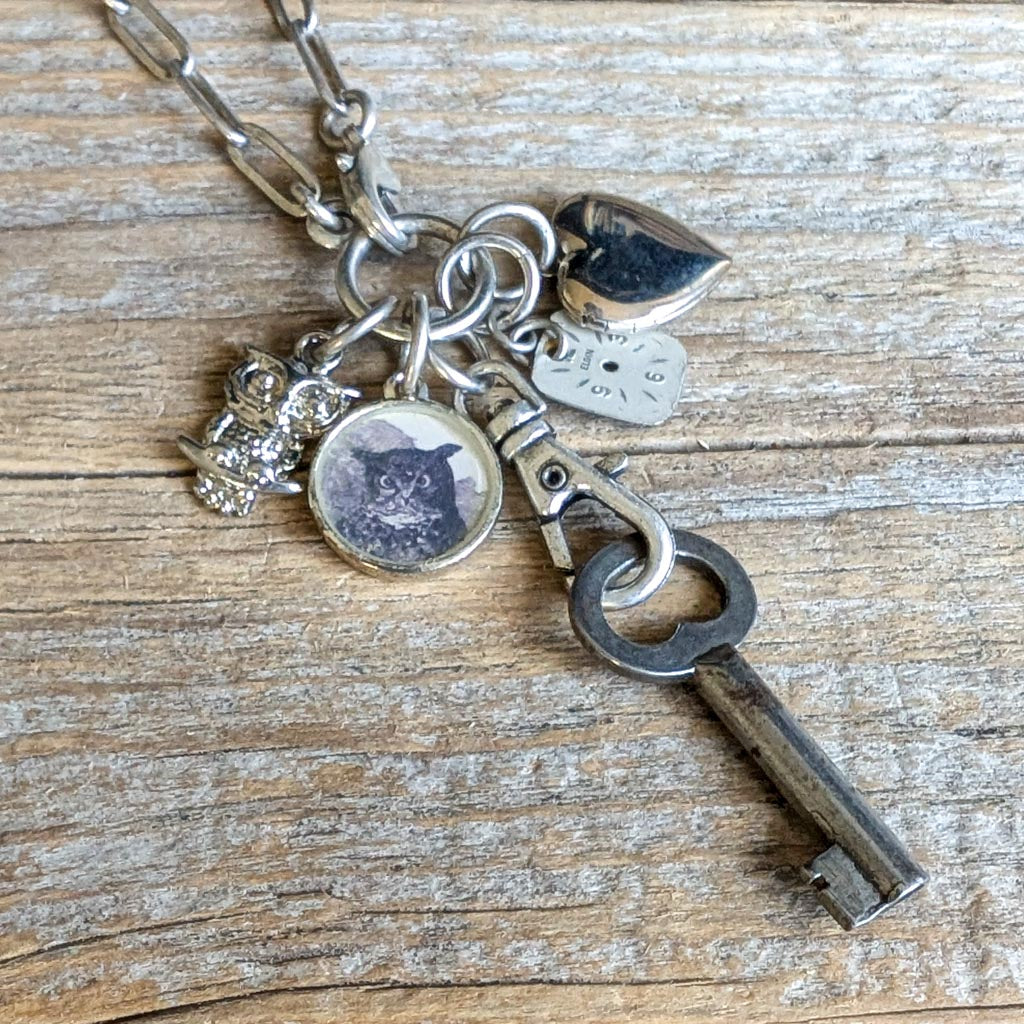 Wisdom Keeper Necklace - Vintage Owl Image + Charms