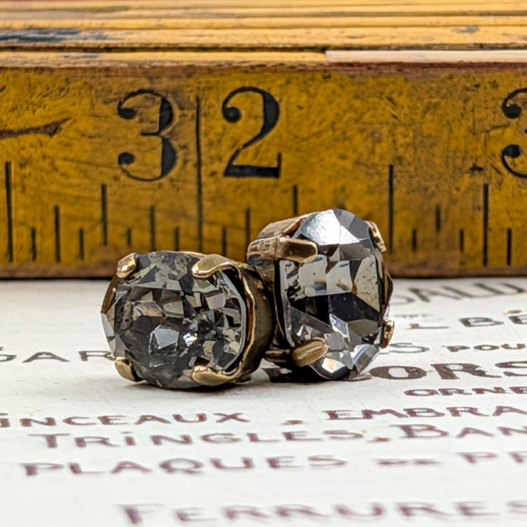 Vintage Rhinestone Post Earrings - Black Diamond