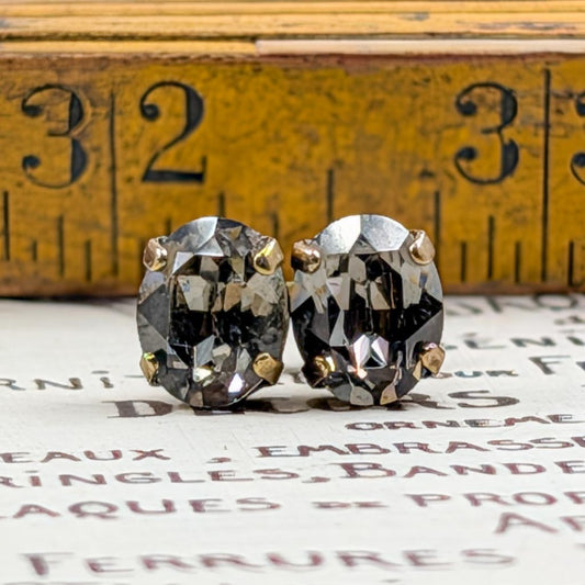 Vintage Rhinestone Post Earrings - Black Diamond