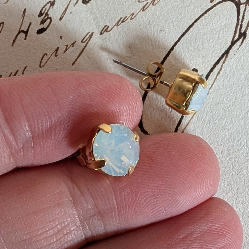 White Opal Vintage Rhinestone Post Earrings