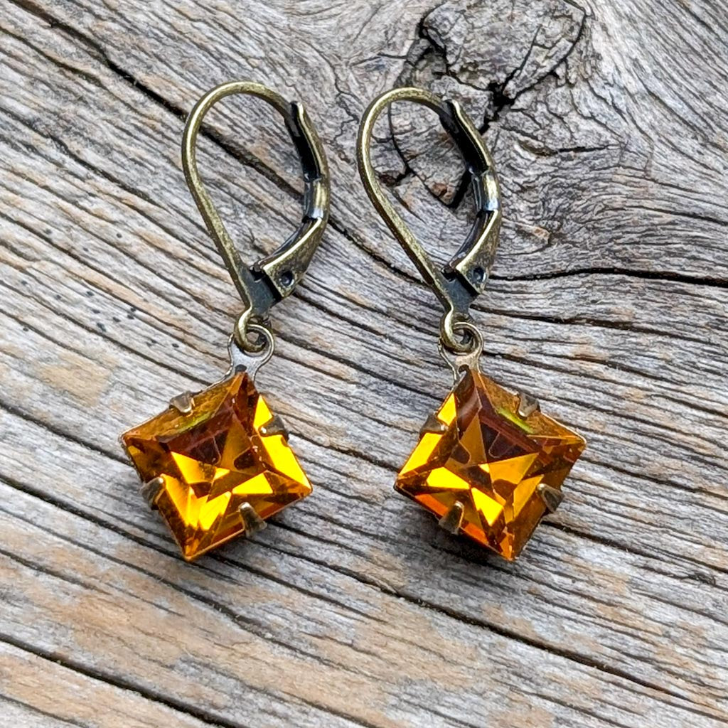 Orange Amber "Diamond" Vintage Rhinestone Earrings