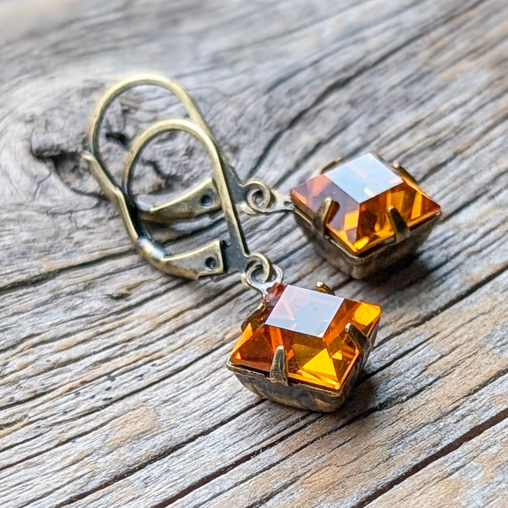 Orange Amber "Diamond" Vintage Rhinestone Earrings