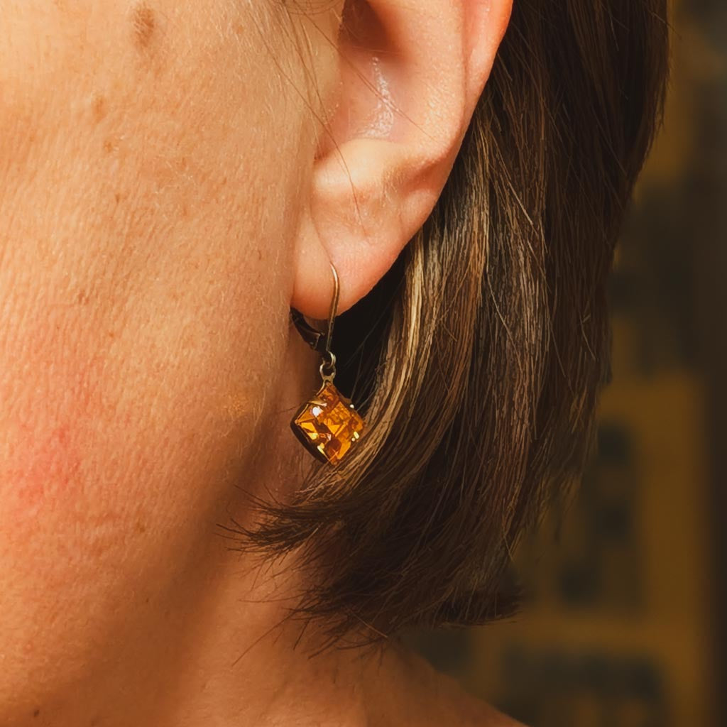 Orange Amber "Diamond" Vintage Rhinestone Earrings