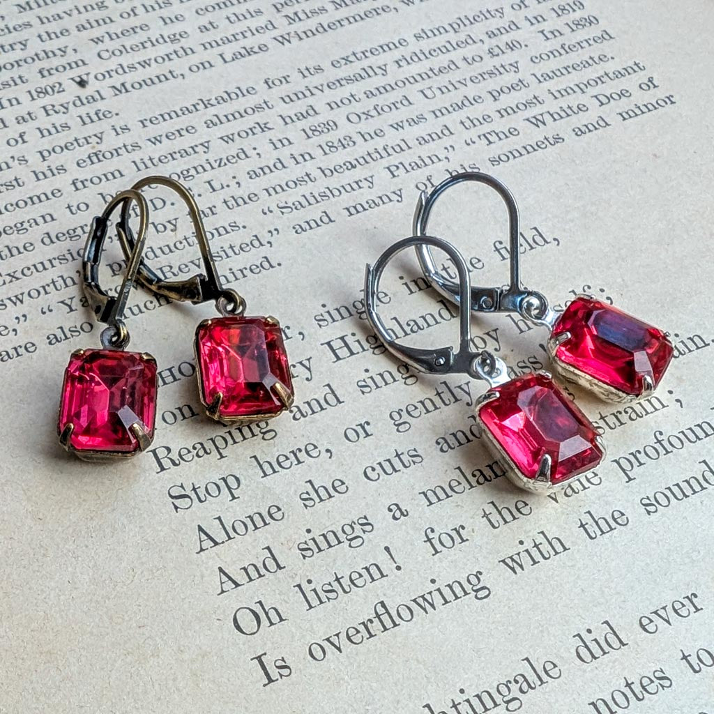 Dark Rose Pink Vintage Rhinestone Earrings