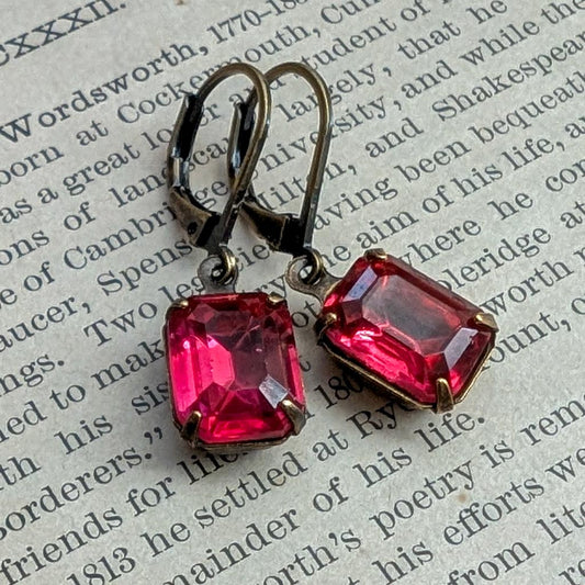 Dark Rose Pink Vintage Rhinestone Earrings