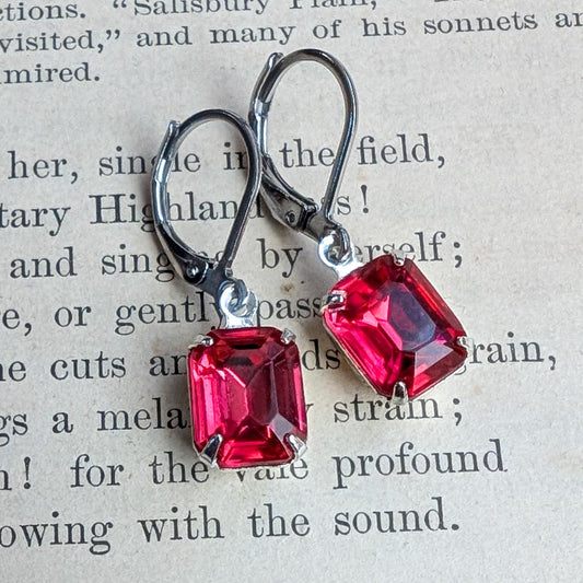 Dark Rose Pink Vintage Rhinestone Earrings