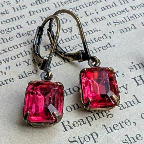 Dark Rose Pink Vintage Rhinestone Earrings *SALE*
