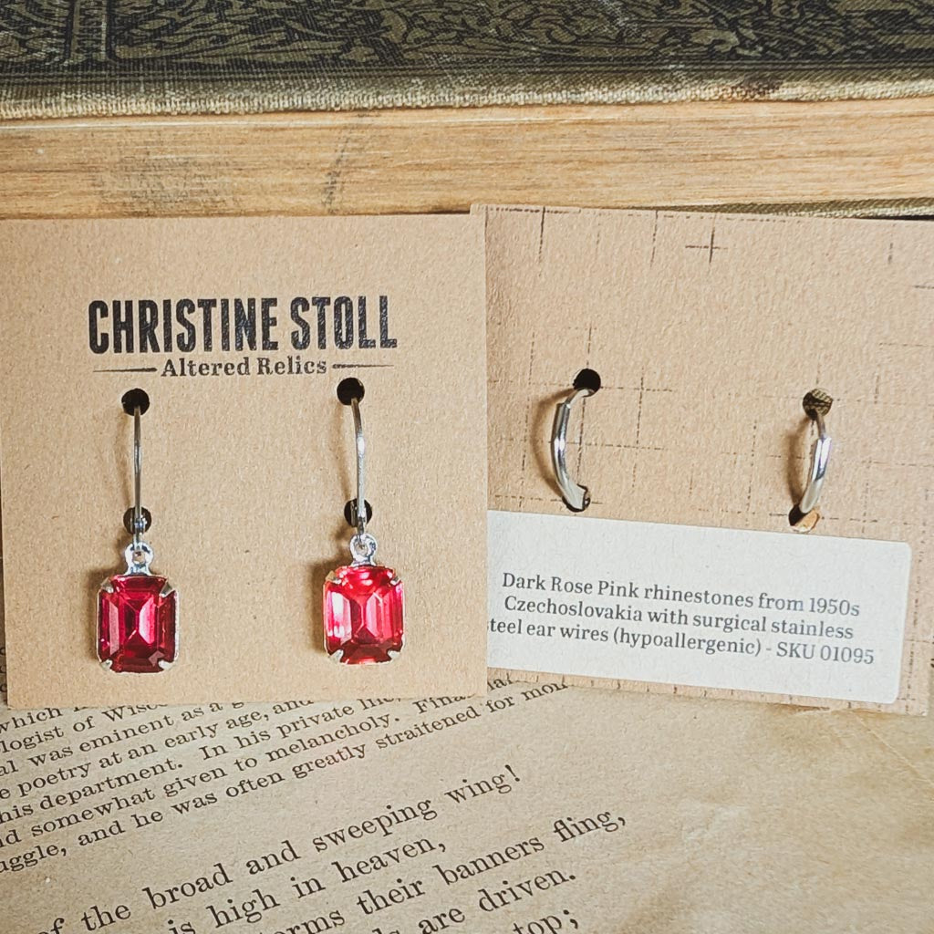 Dark Rose Pink Vintage Rhinestone Earrings