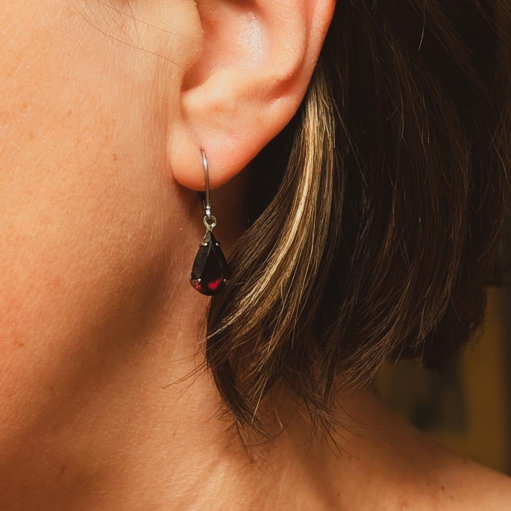 Garnet Red Vintage Teardrop Rhinestone Earrings