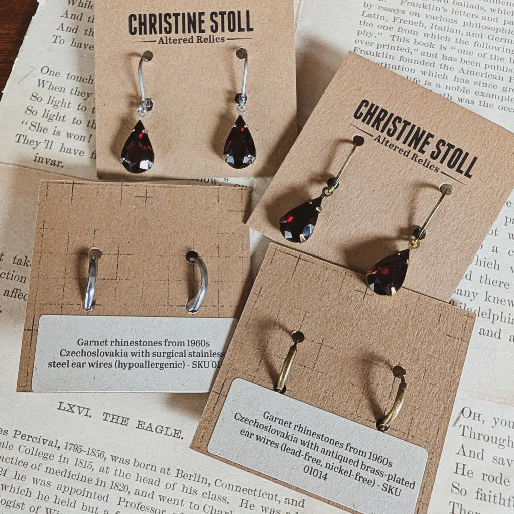 Garnet Red Vintage Teardrop Rhinestone Earrings