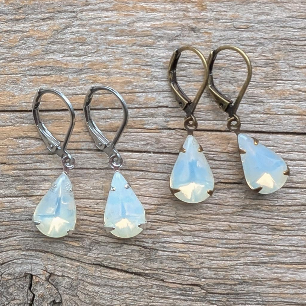Milky Opal Teardrop Vintage Rhinestone Earrings