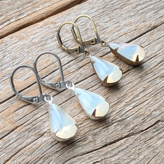 Milky Opal Teardrop Vintage Rhinestone Earrings