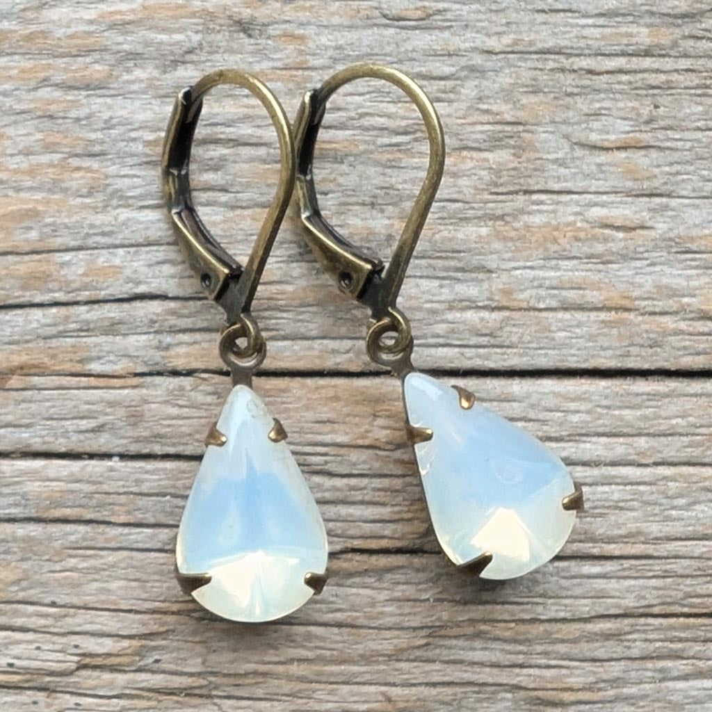 Milky Opal Teardrop Vintage Rhinestone Earrings