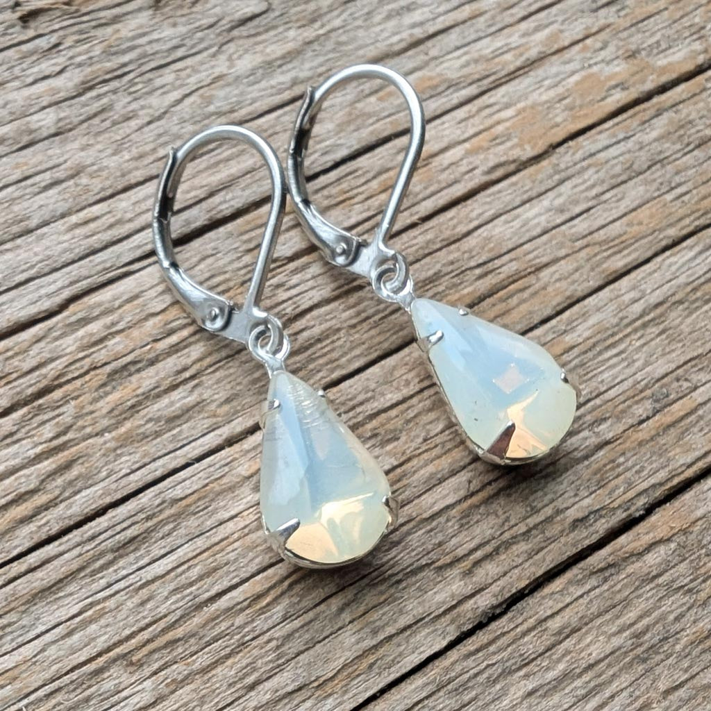 Milky Opal Teardrop Vintage Rhinestone Earrings