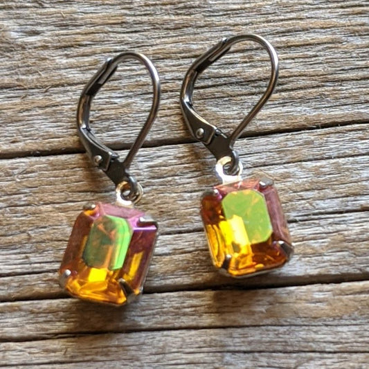 Orange Topaz Aurora Borealis Vintage Rhinestone Earrings *SALE*