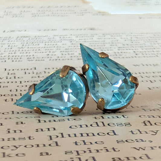Aquamarine Blue Vintage Teardrop Rhinestone Post Earrings *SALE*