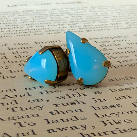 Ocean Blue Vintage Teardrop Rhinestone Post Earrings *SALE*