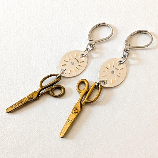 Moveable Scissors Vintage Watch Dial Earrings