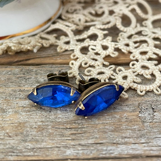 Vintage Glass Post Earrings - Sapphire Blue Navette