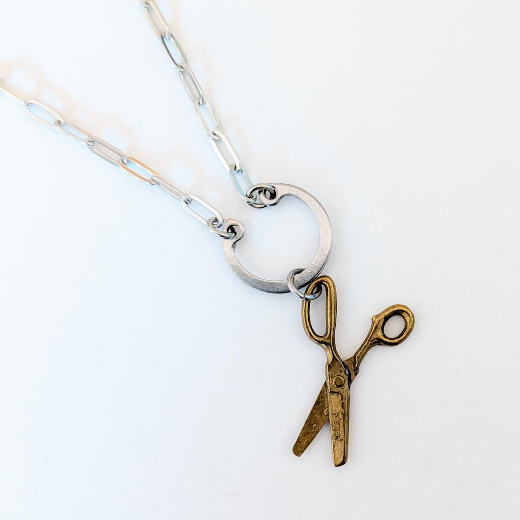 Vintage Scissors Charm Necklace - Snap Ring