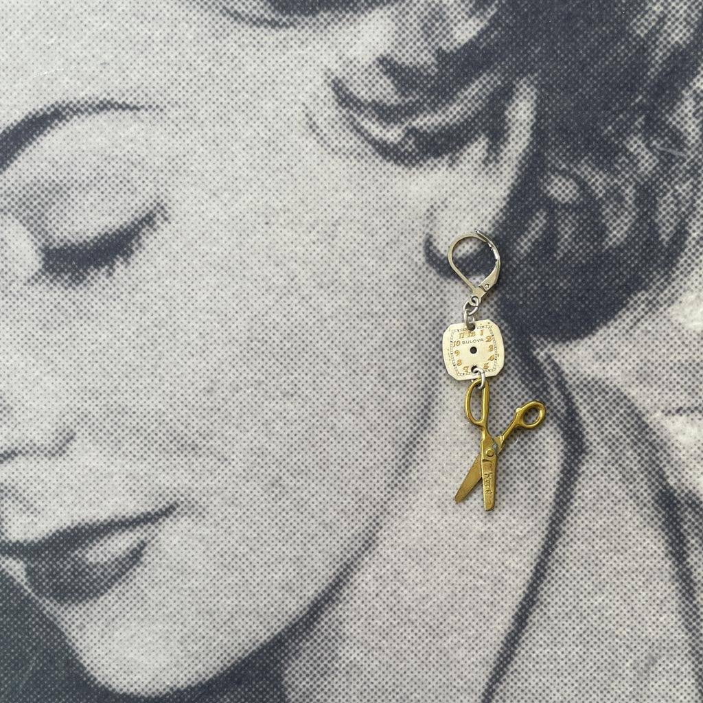 Cutting Time Earrings - Moveable Scissors Charms + Vintage Watch Dials