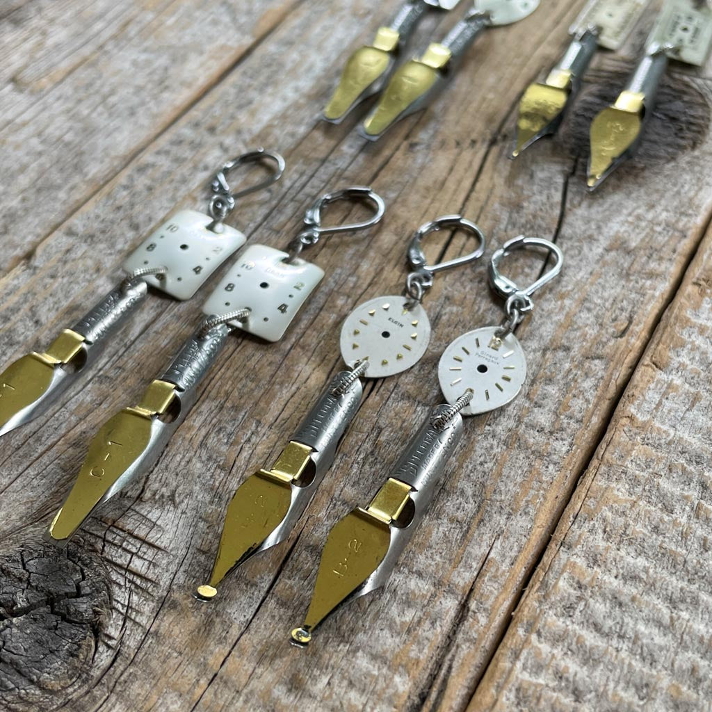 Vintage Watch Dial Earrings - Pen Nibs